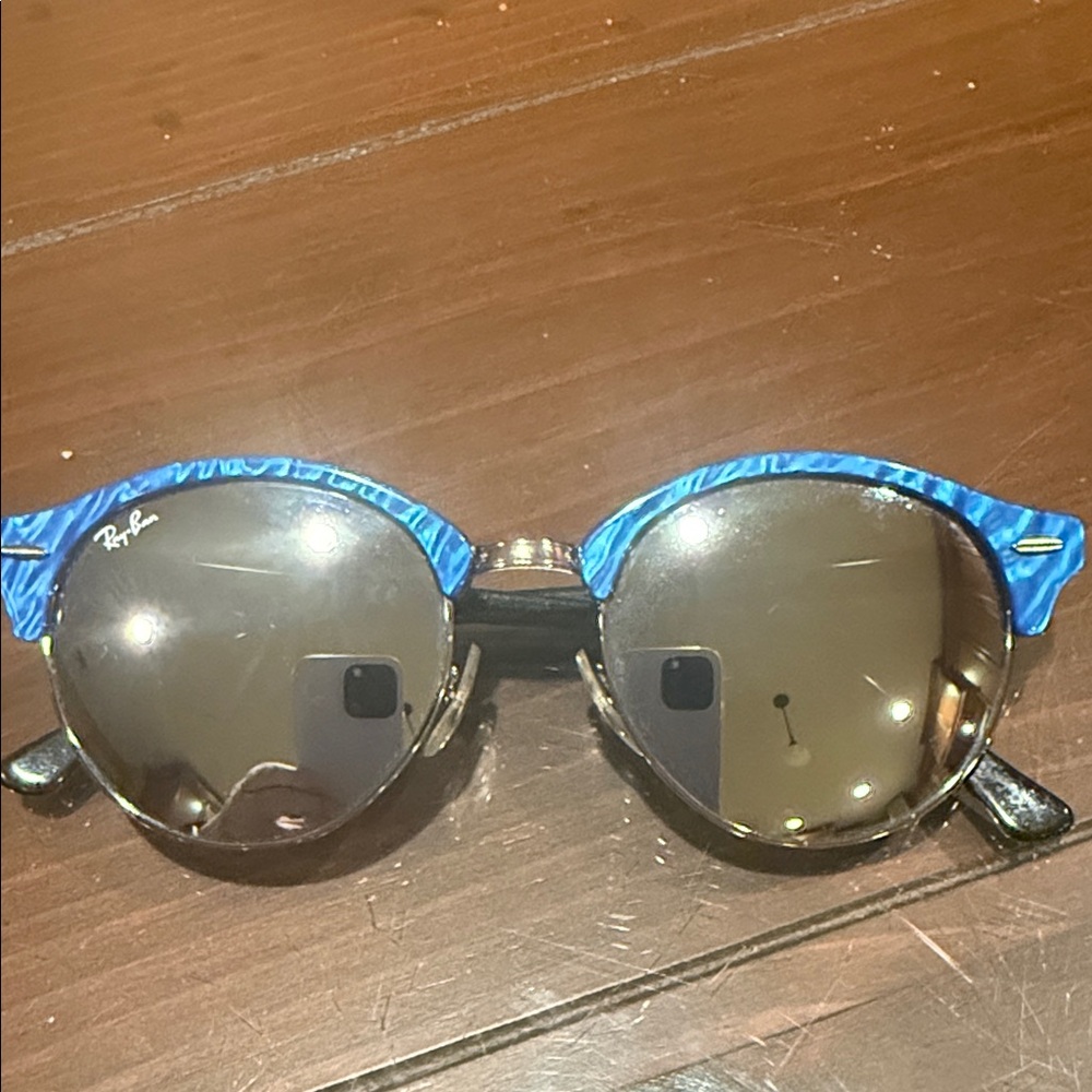 Ray-Ban Blue Marble Top Round Sunglasses with Gold Rims